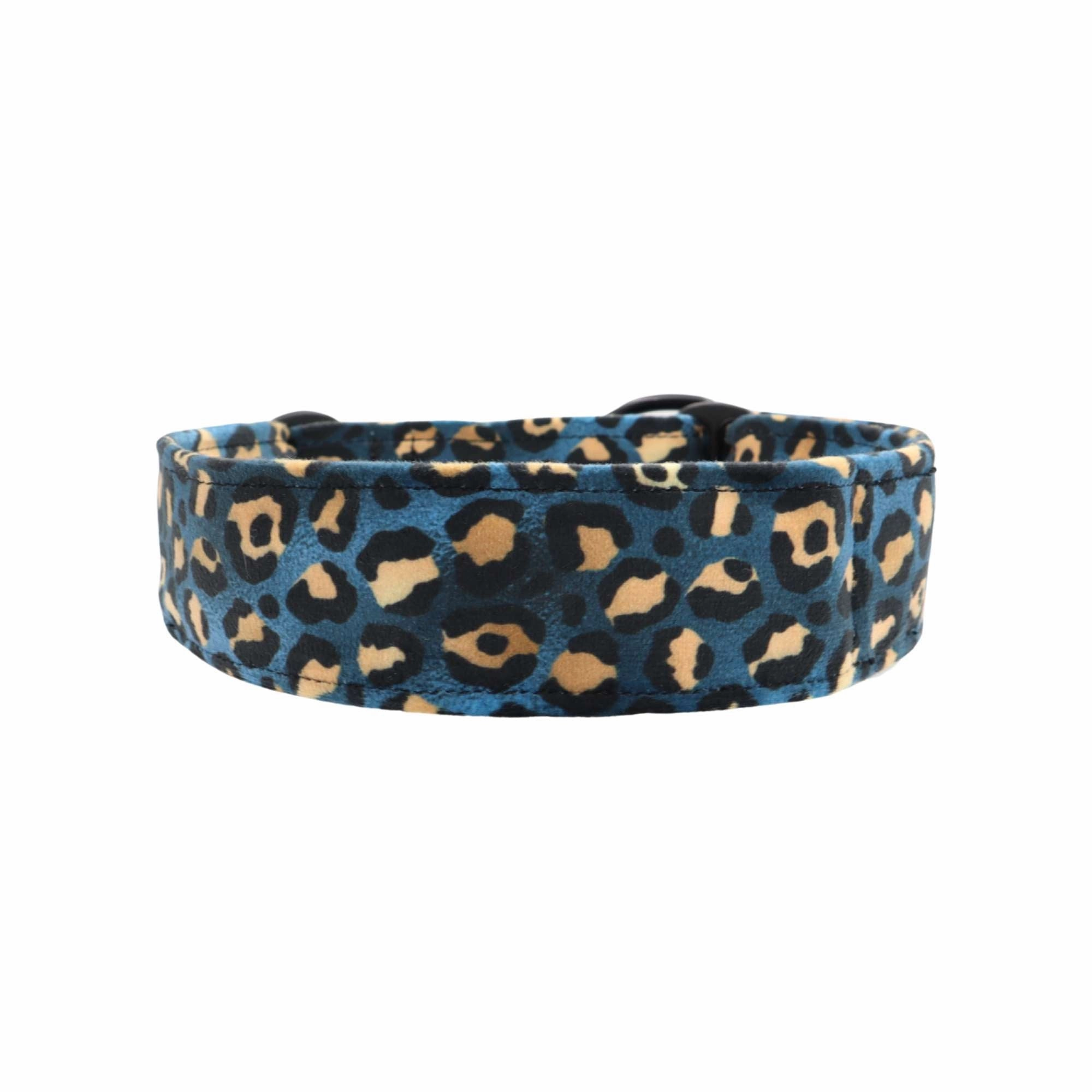 Velour Dog Collar | Blue Leopard | Width: 15-20-25-30-40-50 mm